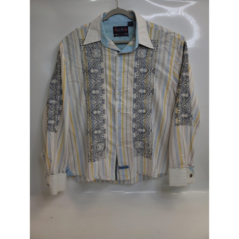 English Laundry Shirt Mens 3XL Blue Yellow White Stripe Embroidered Long‎ Sleeve
